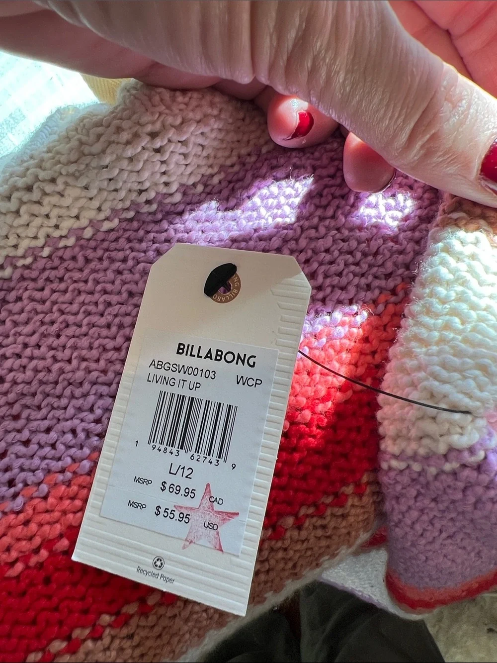 Billabong Striped Crewneck Sweater in Lavender, Red & Cream. Youth L. NWT